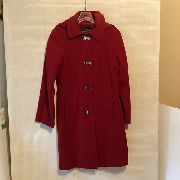 london fog womens S raincoat trench red snap front detachable hood lined pockets - Picture 1 of 11